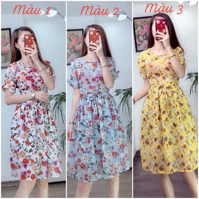 Đầm hoa xoè cổ tròn buộc nơ tay nhún bèo DVCC98