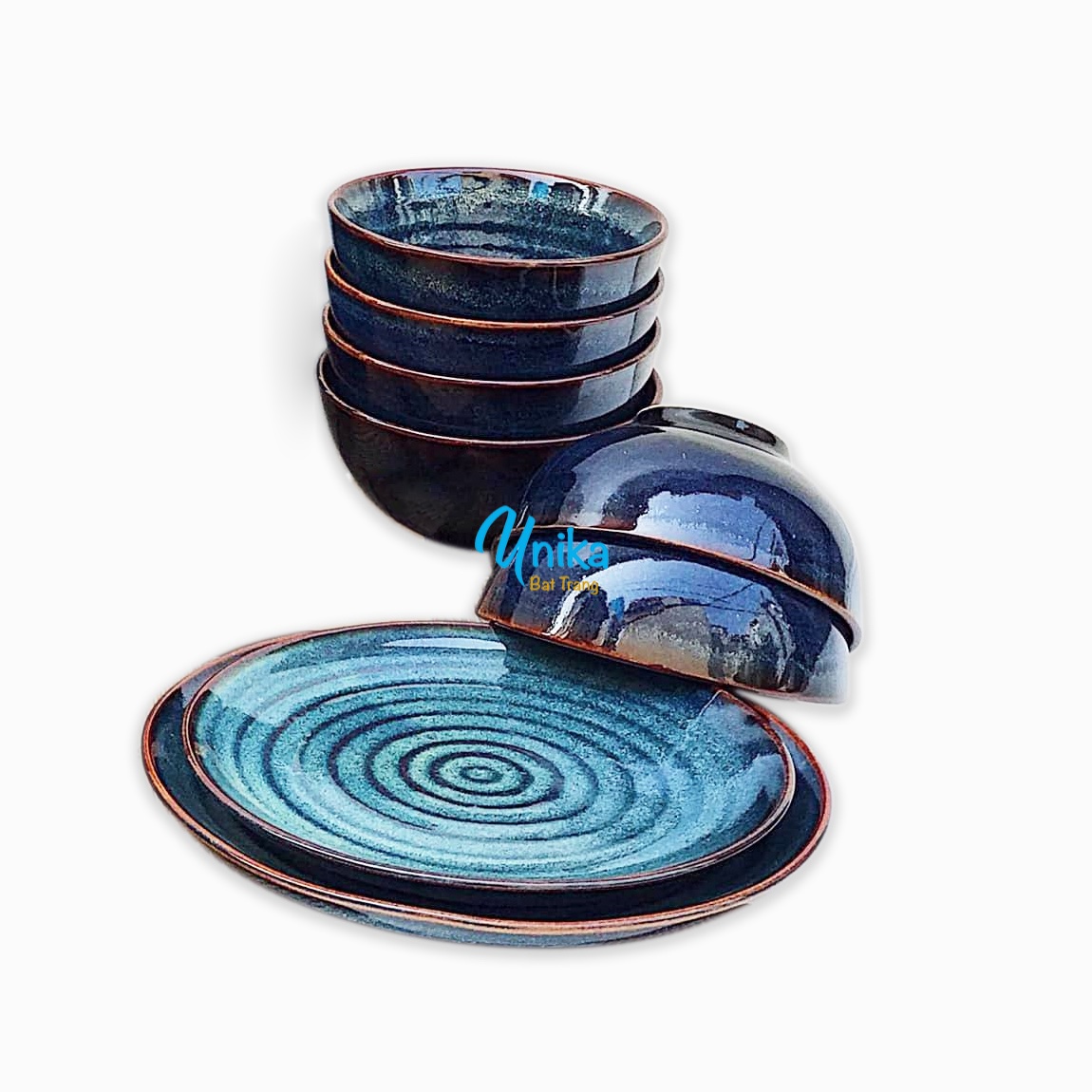 Dinner Set - Bộ đồ ăn men xanh hỏa biến - Set đồ ăn - Bộ bát đĩa gốm Unika Bát Tràng bax19