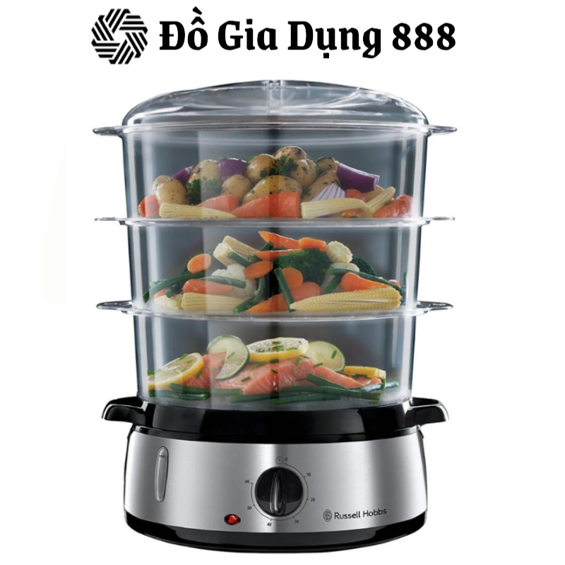 Nồi Hấp Rau Củ 3 Tầng RUSSELL HOBBS, Nồi Hấp Trứng, Công Suất 800W, Dung Tích 9L, Nhập Đức, BH 12 Tháng