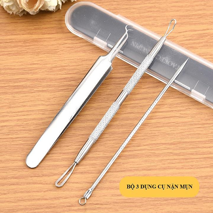 Bộ 3 Cây Que Nặn Mụn Bằng Thép Cao Cấp Không Gỉ Gồm 5 Đầu Chuyên Dụng Có Nhíp Gắp Cực Kì An Toàn