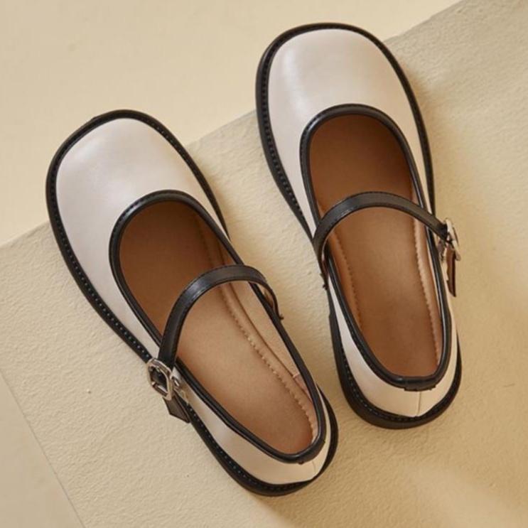 Giày búp bê đế răng cưa viền da phối quai ngang ZINZIN868 cao 3cm, chất da mềm
