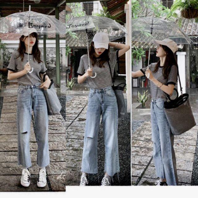 Quần baggy jean ống rộng rách 1 bên, hình thật quần trải sàn