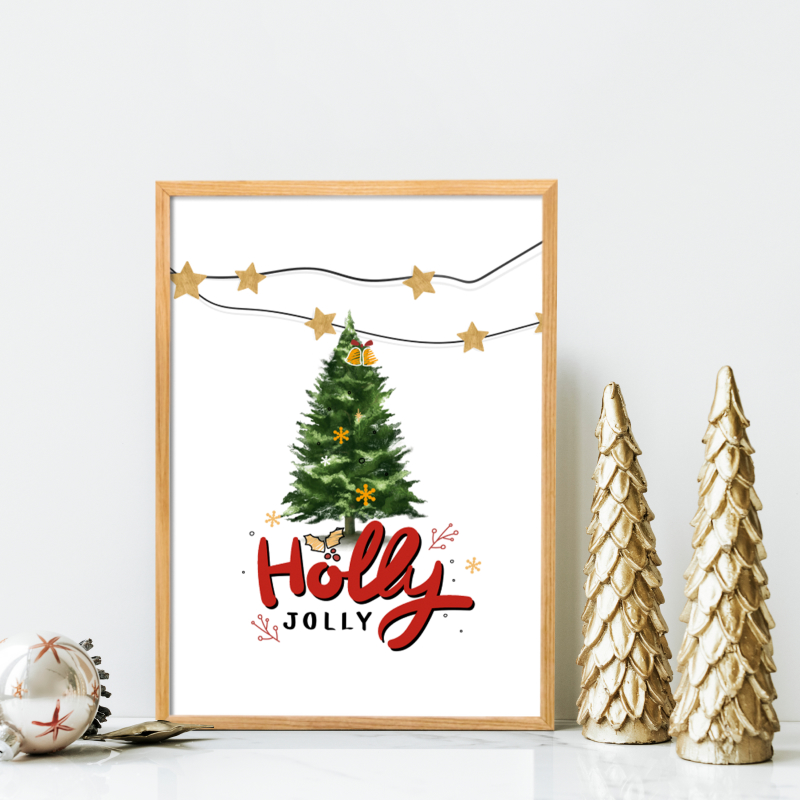 Tranh quà tặng Giáng Sinh trang trí khung kính gỗ sồi treo tường cao cấp"Holly Jolly"