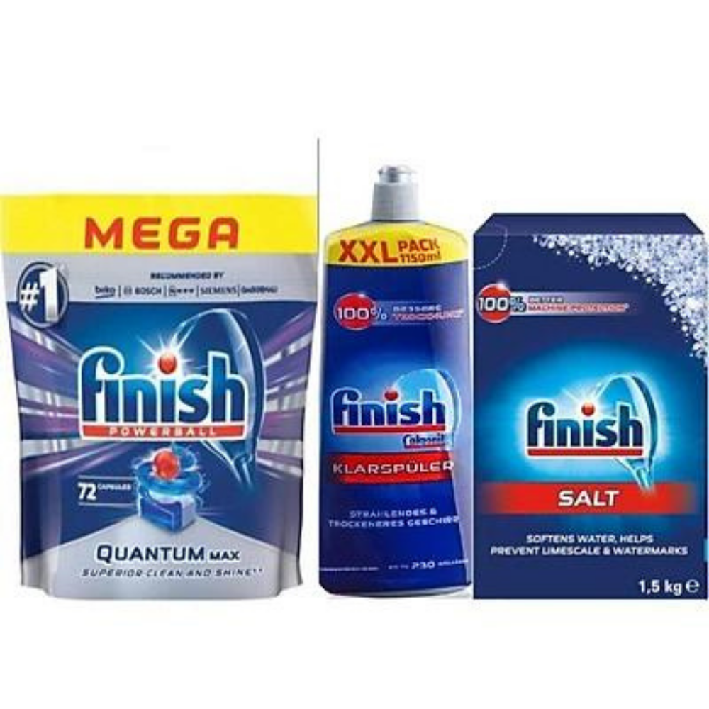 Combo Viên rửa chén Finish quantum 72 tabs + Muối Finish 1.5kg + Nước bóng finish 1150ml