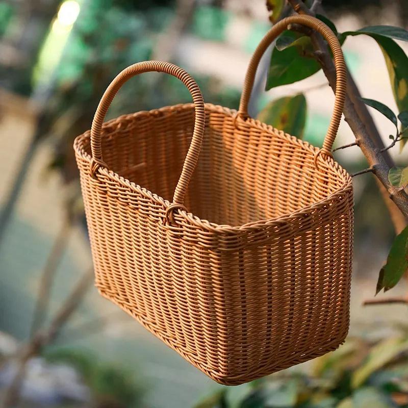 Hand Weaving Fruit Storage Basket Handle Design Picnic Basket Home Organizer