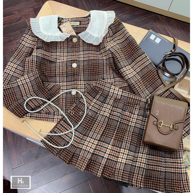 Set Dạ Kẻ Nâu Áo Dạ Mix Chân Váy Xếp Ly Có Ảnh Thật Kèm Video