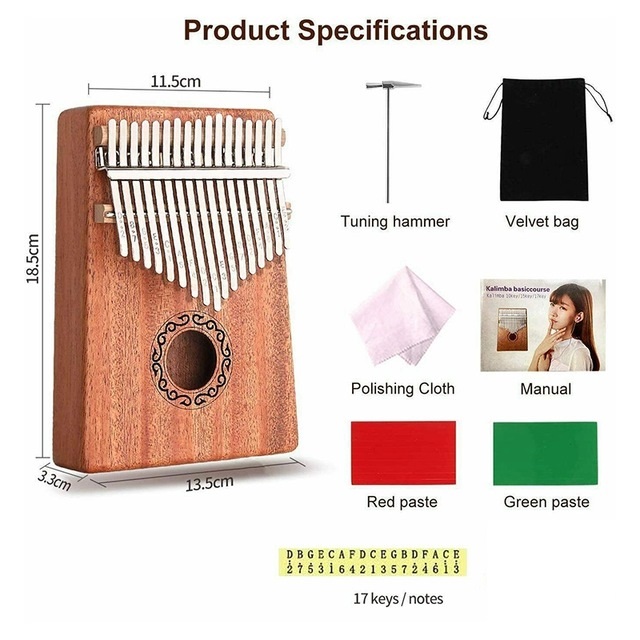 Đàn kalimba 17 phím chất liệu gỗ Mahogany Âm vang ấm tặng phụ kiện búa chỉnh âm, khăn lau đàn, Stick dán màu , túi nhung , tab hướng dẫn cho bạn mới tập chơi kalimba M-17KR