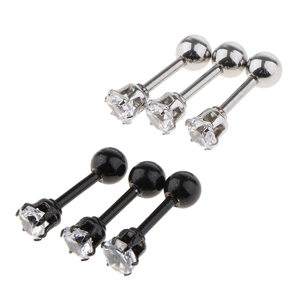 6 Pieces Black Silver Crystal Stainless Steel Ear Navel Belly Stud