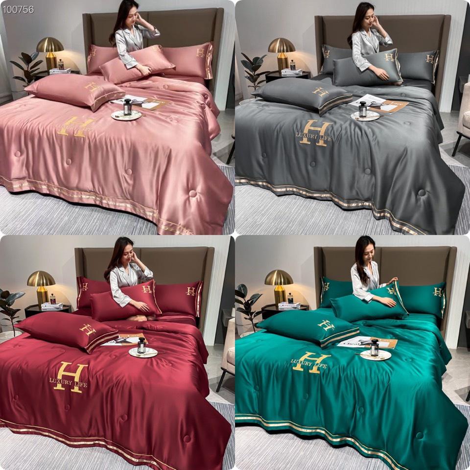 Bộ Chăn Ga Gối Lụa Thêu Chữ H LUXURY Set Chăn Ga Gối Lụa 4 Món Chăn Trần Hè