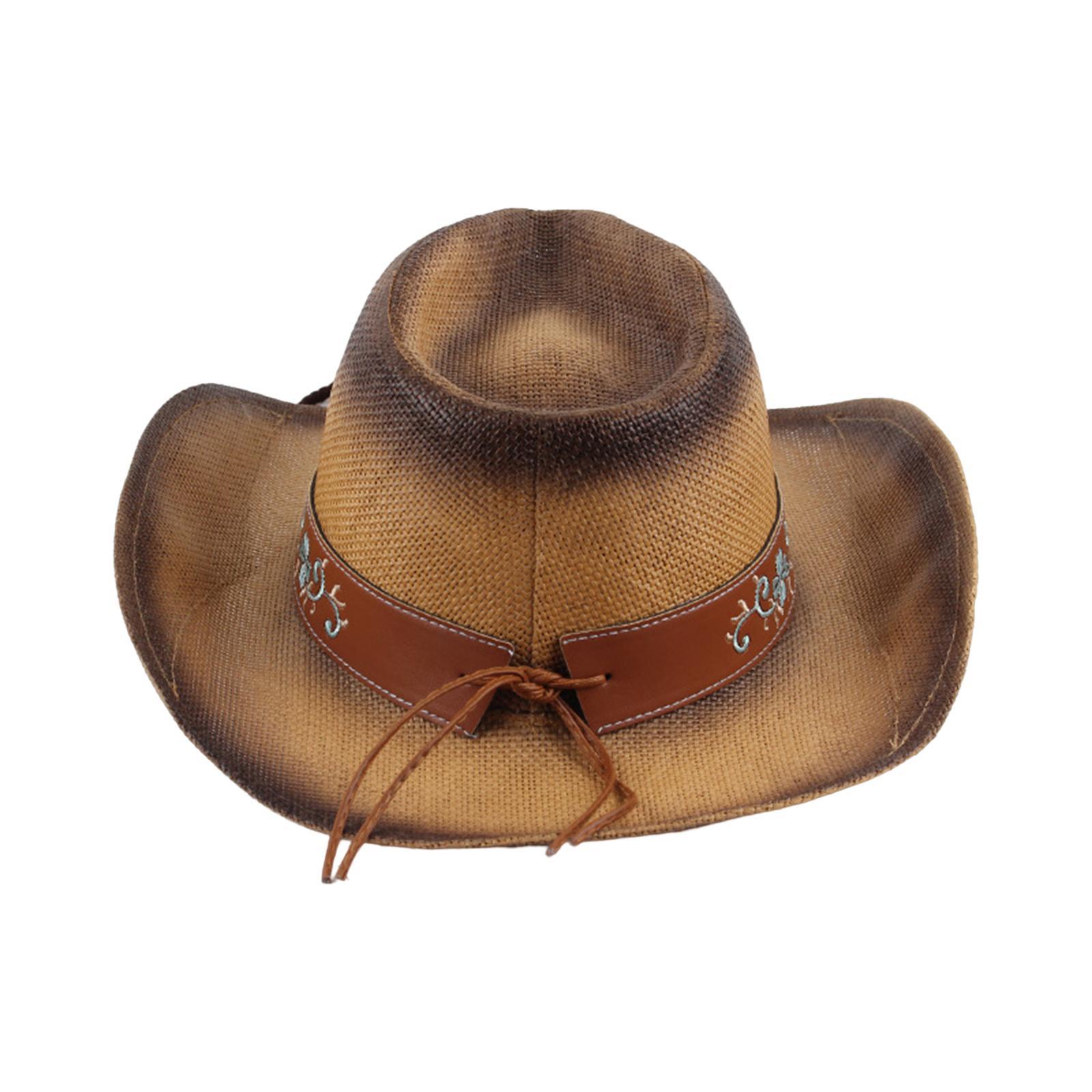 Western Style Cowboy Hat Women Men Wide Roll up Brim Outdoor Sun Hats with Chin Strap Versatile Jazz Caps Sun Protection for Festivals Travel