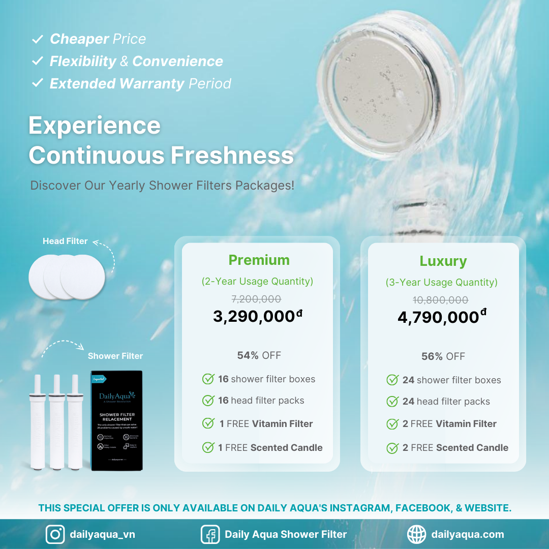 Bộ Lọc Nước Trọn Năm Cho Vòi Sen Daily Aqua Loại Bỏ Vi Khuẩn, Tạp Chất - Tiết Kiệm, An Toàn Tiện Lợi