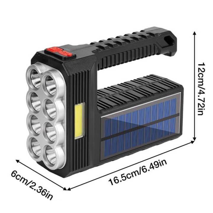 Đèn pin cầm tay siêu sáng chiếu xa 300m 8 bóng led, đèn pin sạc năng lượng mặt trời có COB Led 4 chế độ