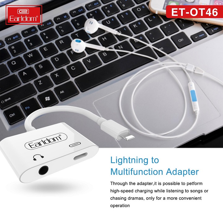 Dây Cáp Chuyển Đổi 2in1 Earldom ET-OT46 Chuyển Từ Lightning Sang 1 Cổng Lightning &amp; 1 Cổng 3.5mm Có Micro Đàm Thoại, Hàng Chính Hãng