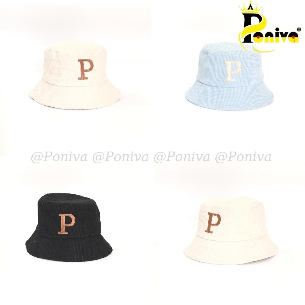 Mũ bucket ️ Nón tai bèo vành cụp thêu chữ P form unisex BK08 nhung tăm Ulzzang Thời trang PONIVA siêu hot
