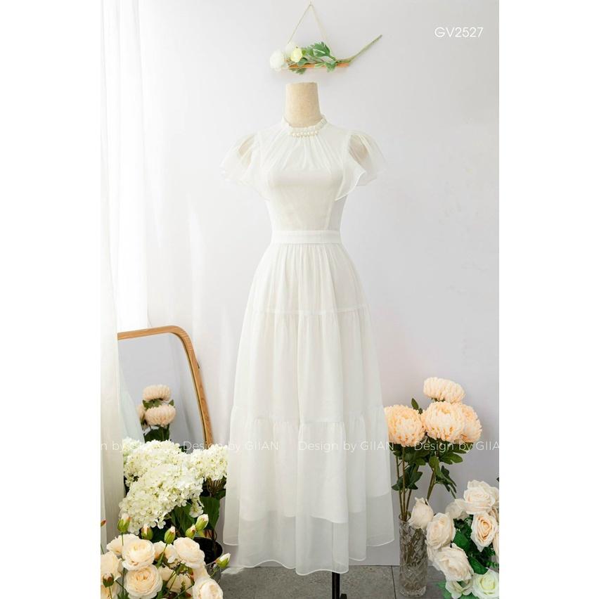 Đầm maxi voan 2 lớp cổ tròn đính cườm tay bèo xinh xắn
