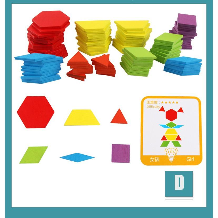 Bộ Xếp Hình Sáng Tạo Pattern Block 155 Chi Tiết Cho Bé Đồ Chơi Gỗ, Giáo Cụ Montessori, Dành Cho Bé Từ 3 Tuổi