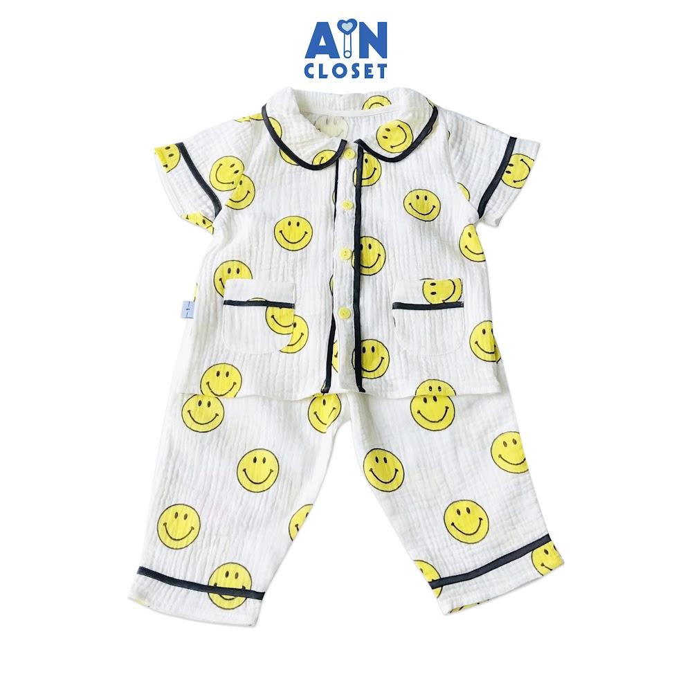 Bộ quần dài áo tay ngắn unisex họa tiết Mặt cười viền đen xô muslin - AICDBTTLIZY5 - AIN Closet