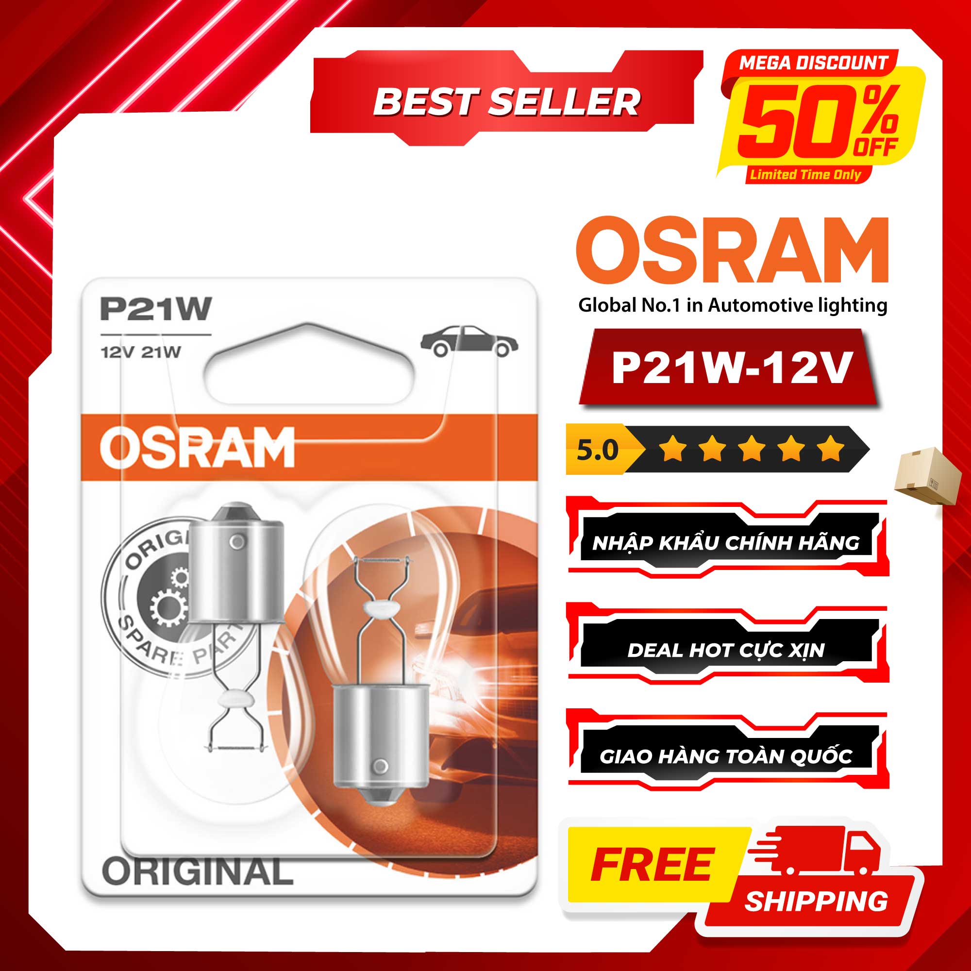 Combo 2 Bóng Đèn Sau 1 Tim OSRAM Original P21W 12V 21W (Chân Thẳng)