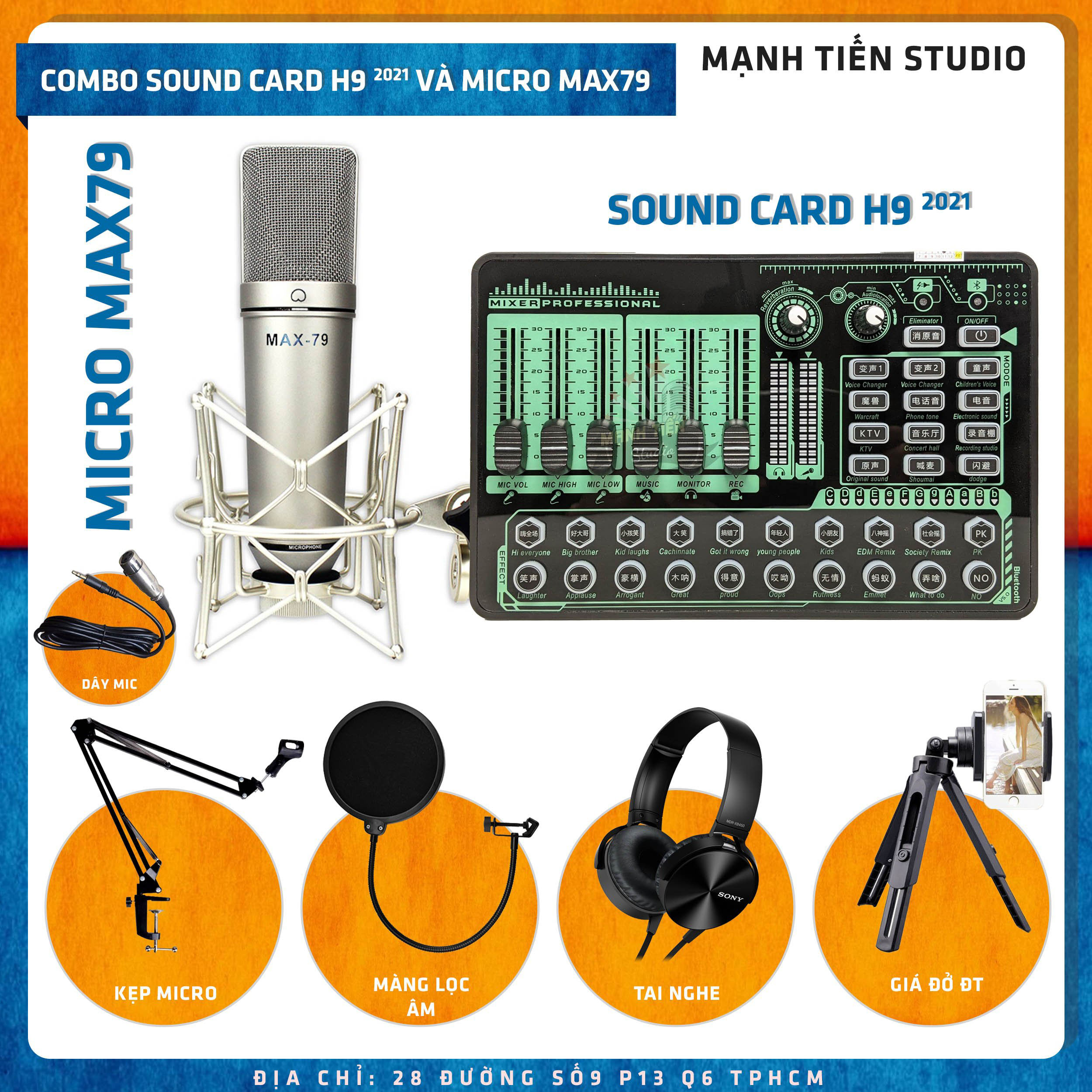 Bộ Combo Livestream Micro Max 79 + Sound Card H9 - Kèm Full Phụ Kiện Kẹp Micro, Màng Lọc, Tai Nghe Chụp Tai, Giá Đỡ Đt - Thu Âm, Livestream, Karaoke Online Chuyên Nghiệp - Hàng nhập khẩu