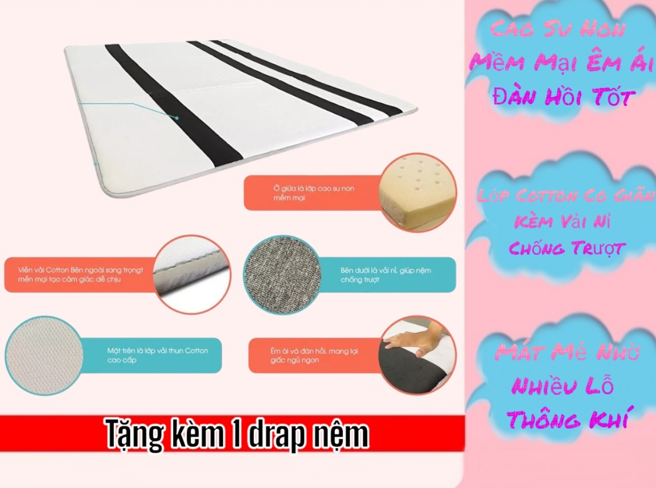 Nệm Cao Su Non Diamond Gold Dày 3CM Tặng Kèm Áo Bảo Vệ Nệm