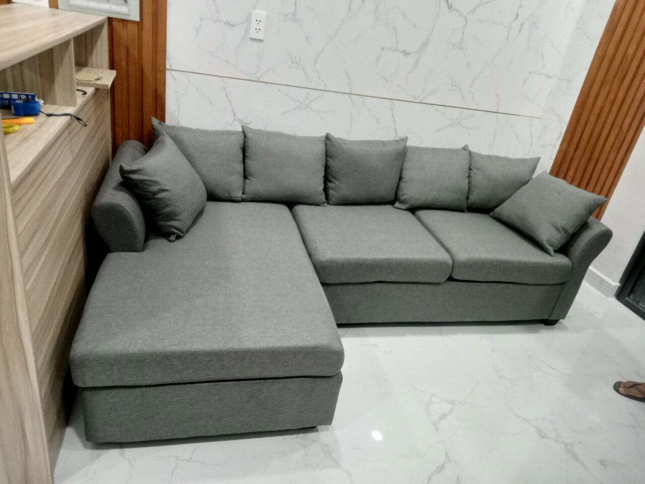 Sofa chữ l bọc vải bố màu ghi, ghi đậm