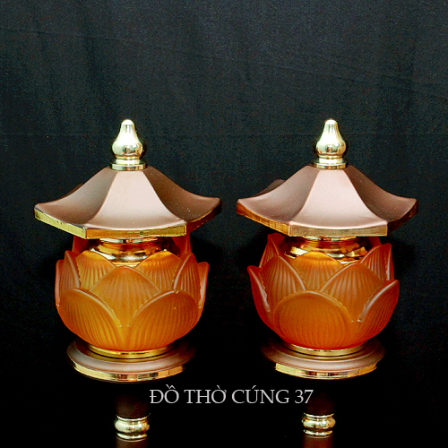 Cặp Đèn Hoa Sen Cửu Liên Thủy Lưu Ly, Chân Hợp Kim Cao 35 cm