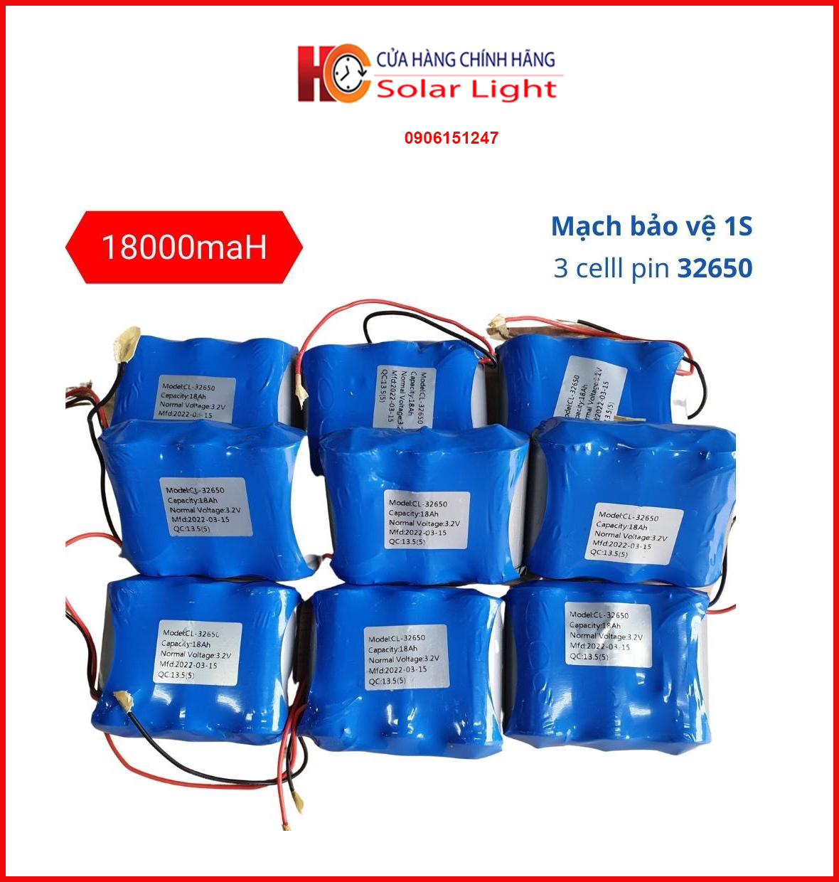 Pin sắt 32650, LiFePO4 3.2V kèm mạch bảo vệ 1S cho đèn năng lượng mặt trời