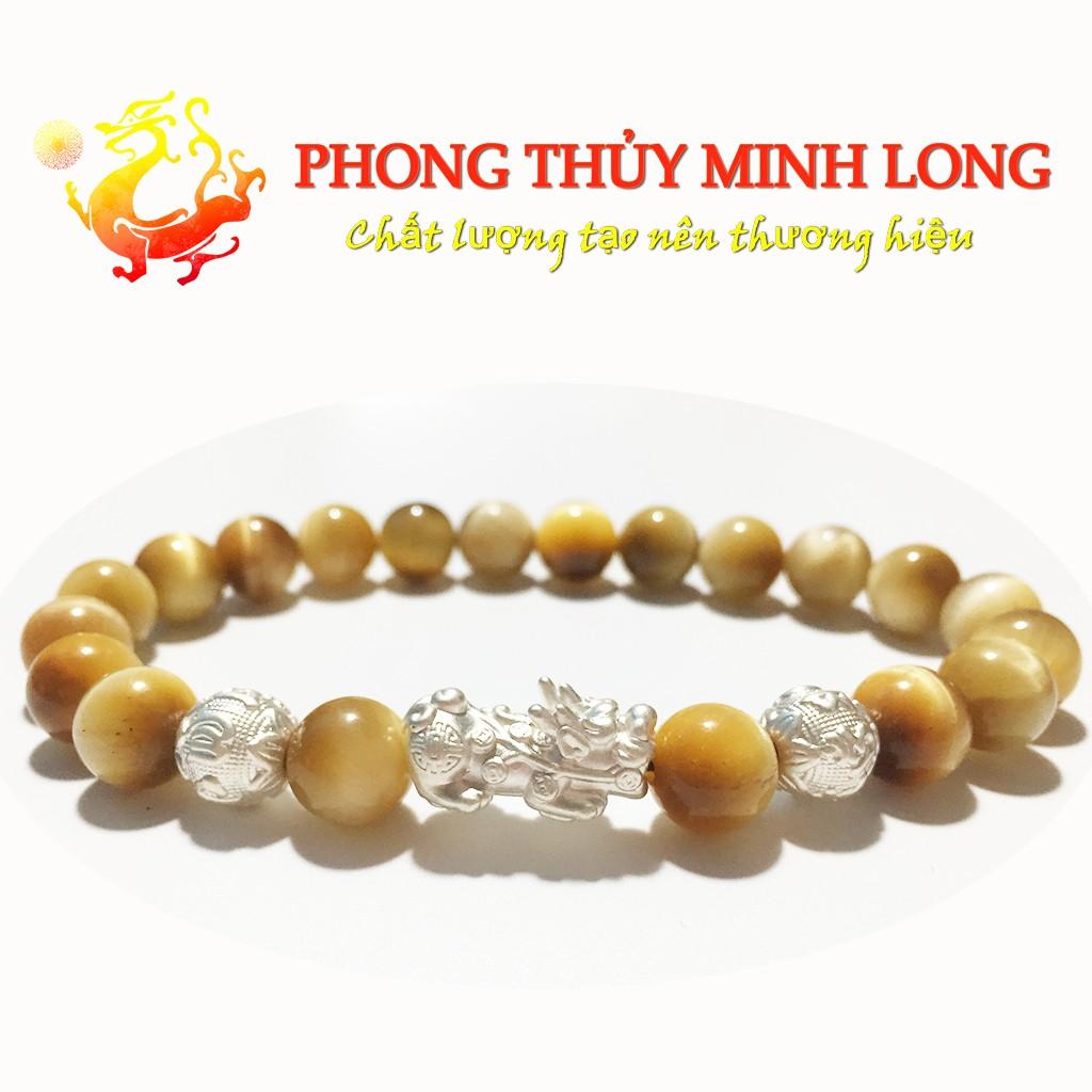 Vòng tay đá Mắt Hổ Vàng Tâm chất lượng 5A mix Tỳ Hưu và 2 Hạt Kim Tiền Bạc hợp mệnh Thổ và mệnh Kim