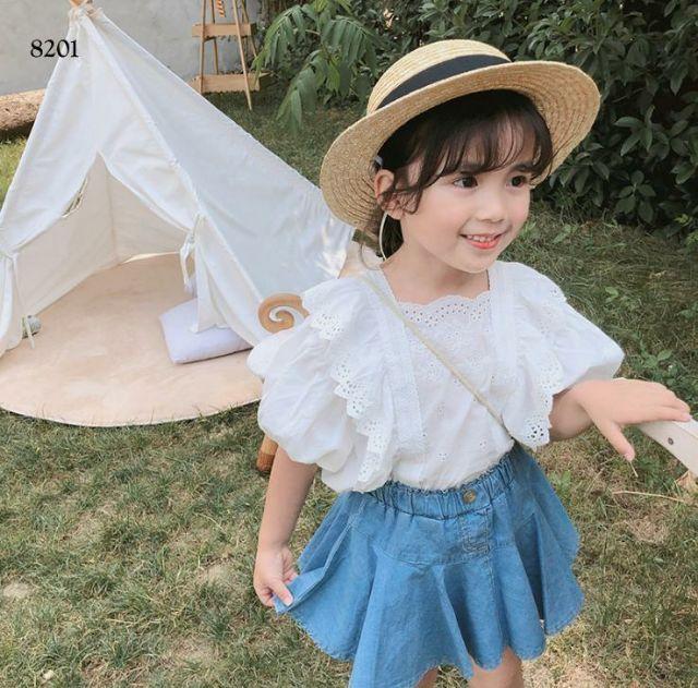 Set áo sơ mi kèm chân váy denim xuất Hàn cho bé