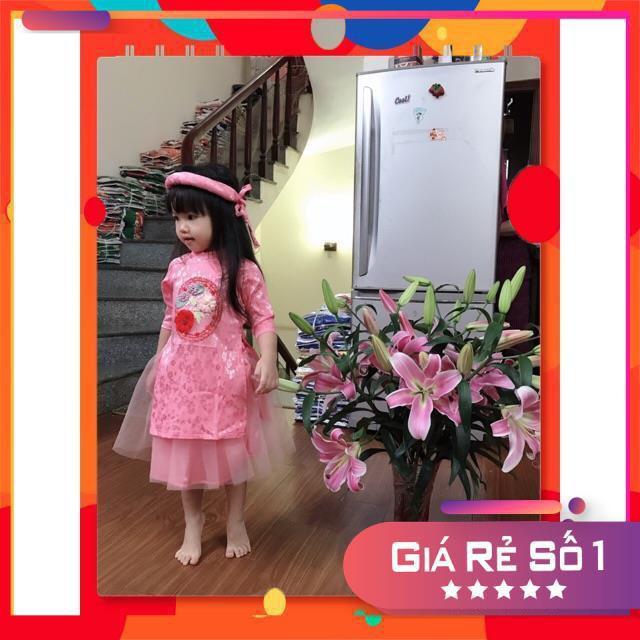Set áo dài lụa đính hoa, gồm áo, chân váy, mấn. Size 2-8T