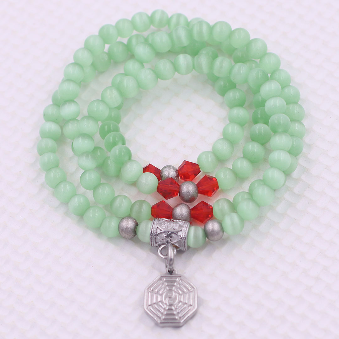 Vòng chuỗi 108 hạt đá mắt mèo xanh ngọc 6 ly charm bát quái inox - vòng chuỗi niệm Phật, vòng tay chuỗi hạt