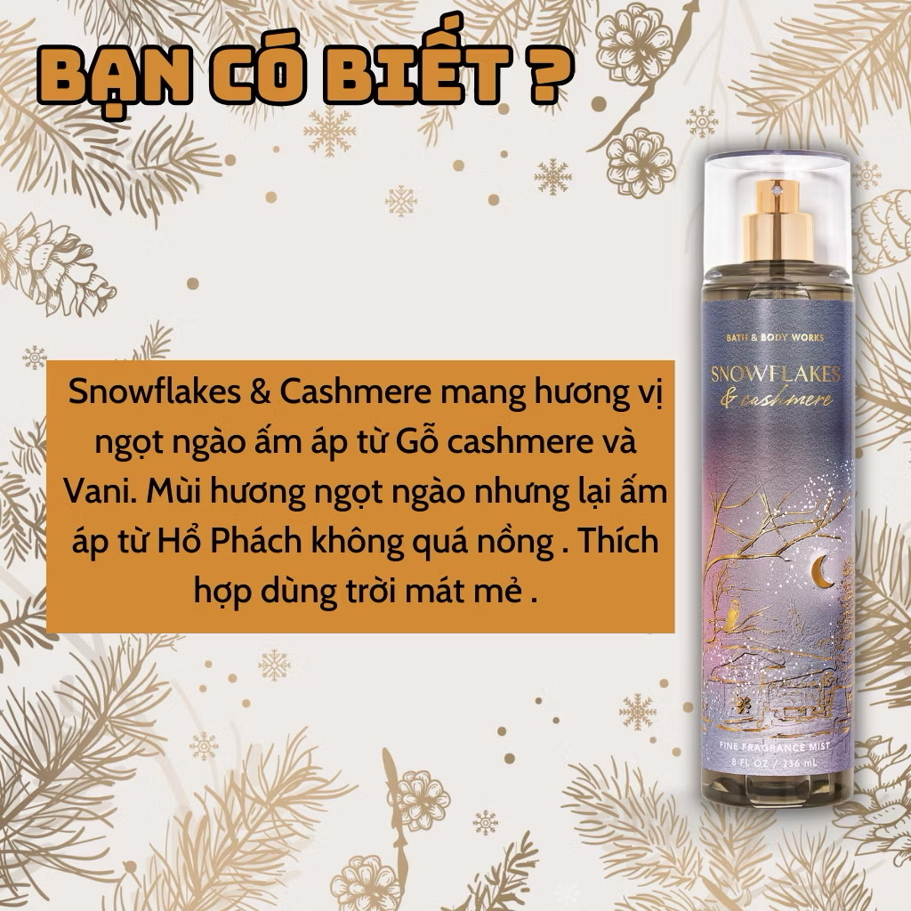 Body Mist Bath And Body Works Nam Nữ Chính Hãng Snowflakes &amp; Cashmere, Xịt Thơm Body Toàn Thân Hương Nước Hoa 236ml