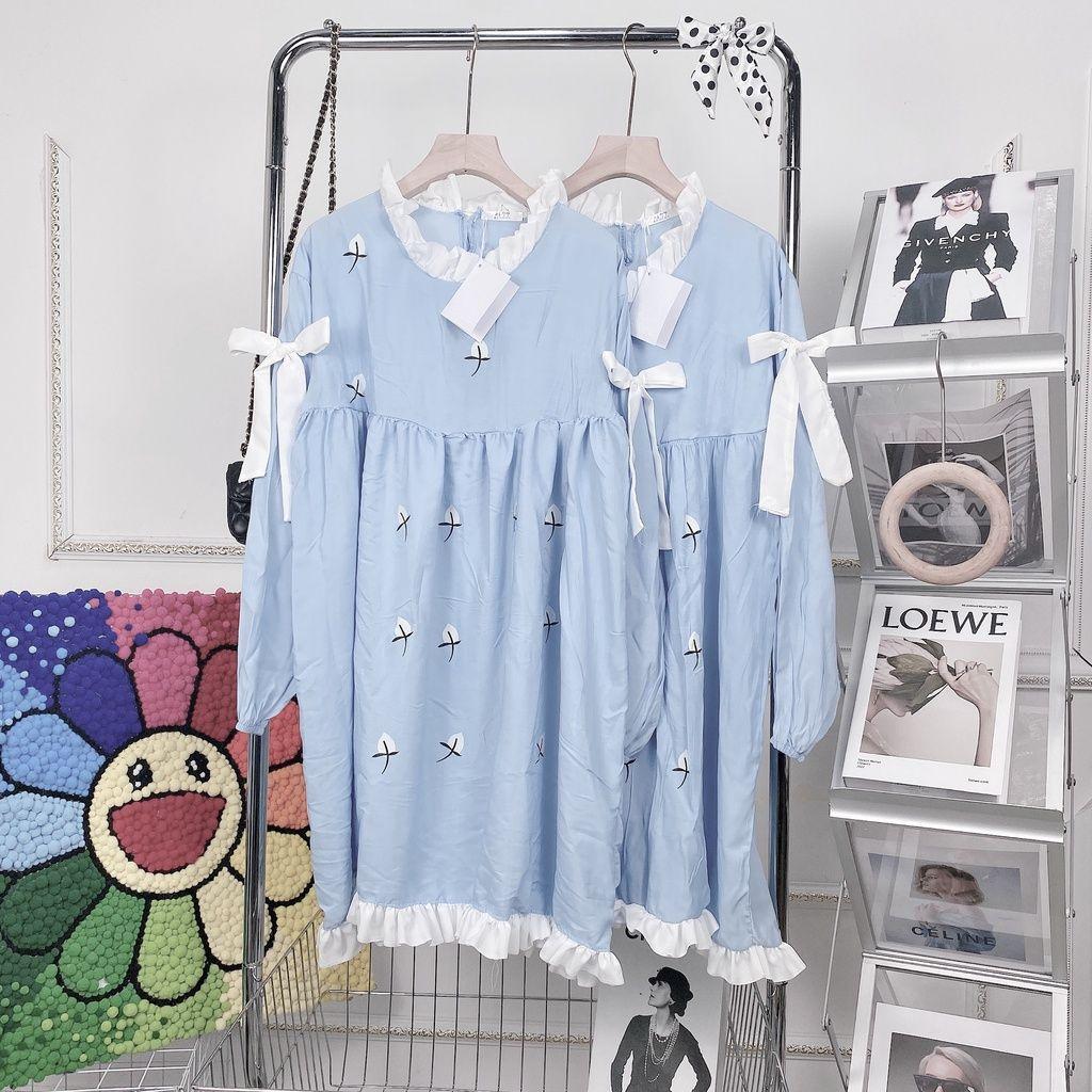 Đầm nữ Babydoll Xanh Vai Nơ Dài Tay Phối Viền Mặc đi làm du lịch đi chơi Q093