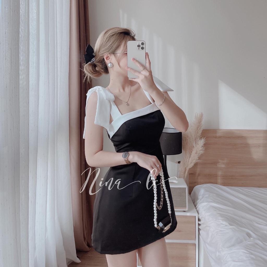 Đầm nữ cổ vuông hai dây nơ vai , màu sắc xinh xắn cho nàng dạo phố, dự tiệc