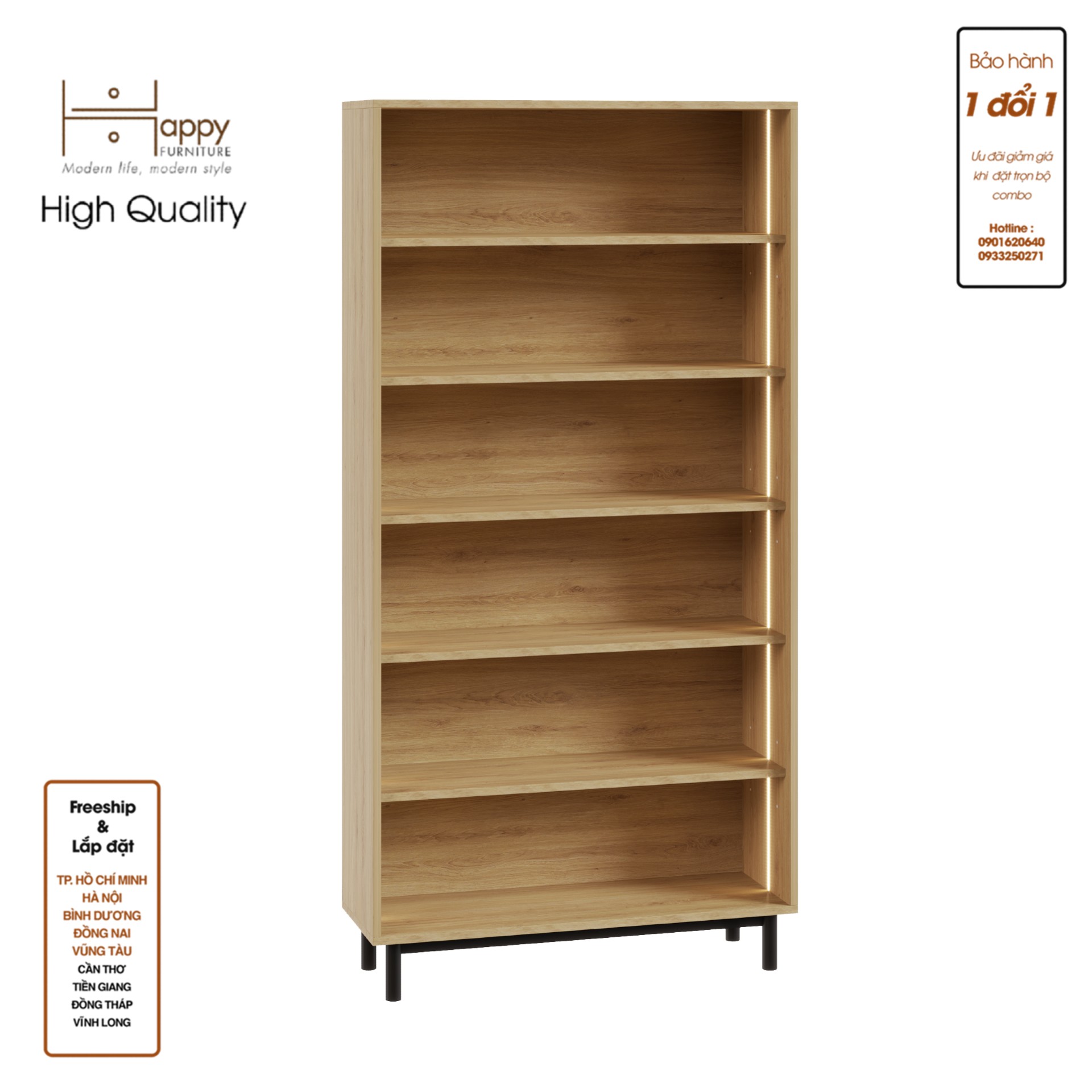 CATY , Kệ sách 6 tầng tích hợp đèn LED - chân sắt , 90cm x 30cm x 180cm , KSA_015_LED