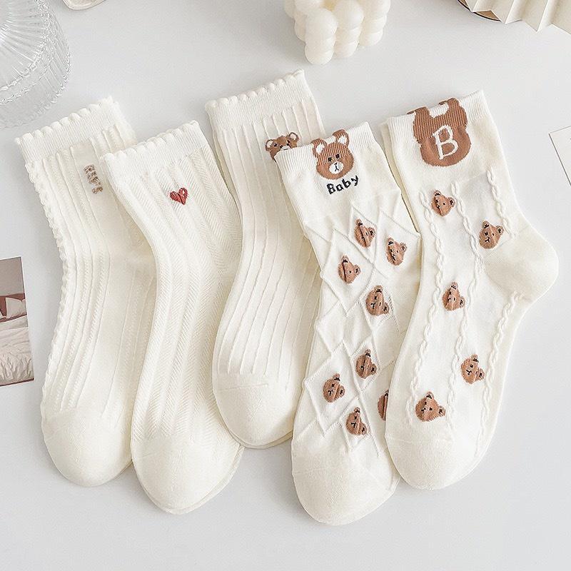 Set 10 đôi tất cổ cao, vớ cổ cao nữ trắng vải cotton co giãn thời trang Hàn Quốc