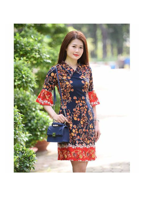 Đầm công sở tay lỡ họa tiết thổ cẩm