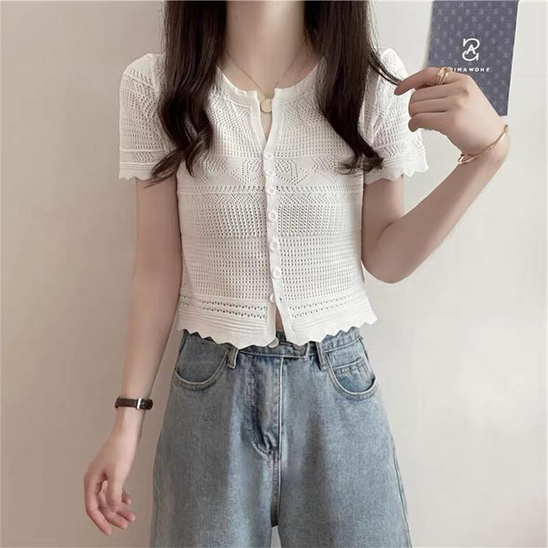 Áo len mongtoghi nữ croptop tay ngắn dệt kim họa tiết kiểu cổ V thời trang phong cách hàng Quảng Châu cao cấp