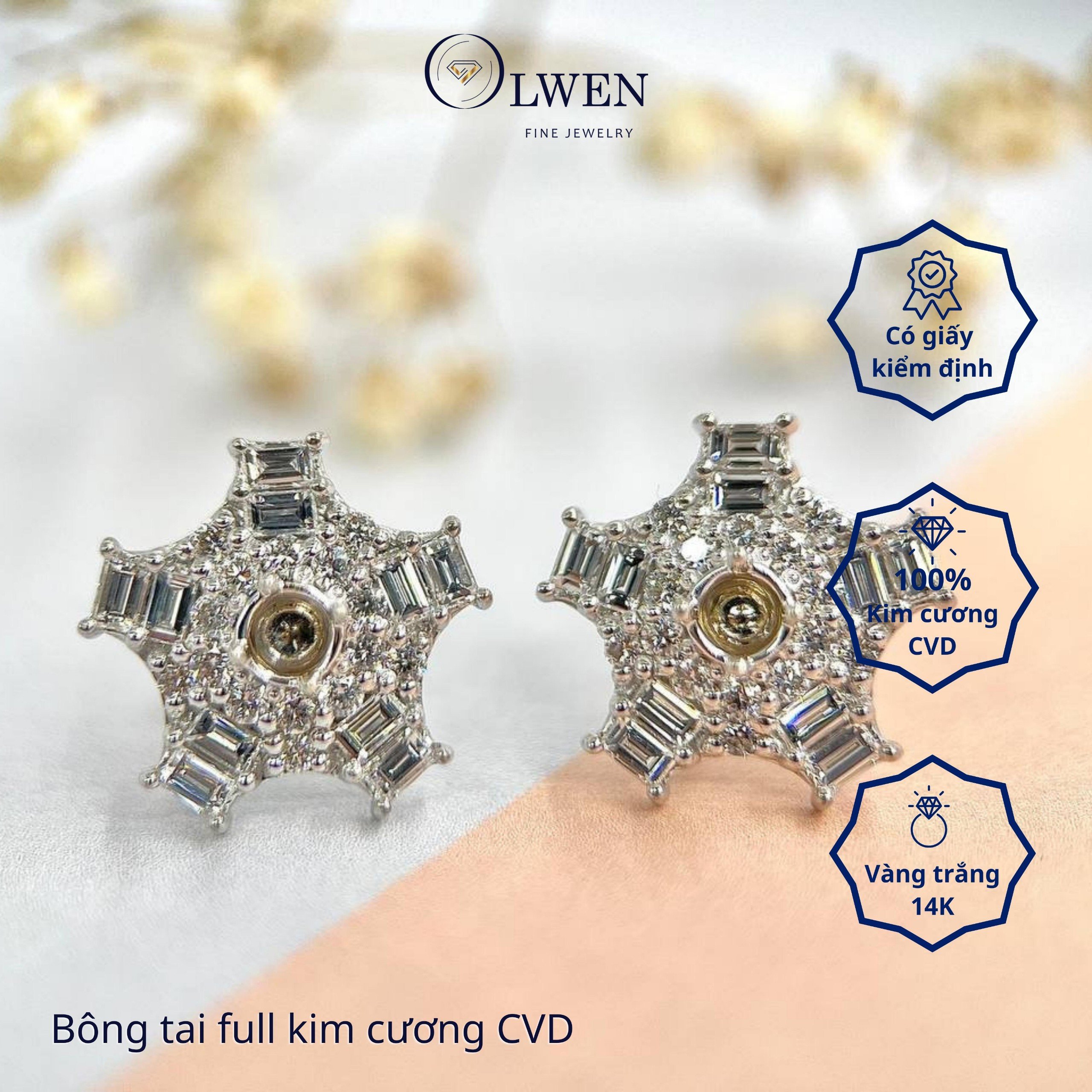 Đôi Bông Tai 14k Trắng Olwen Đính Kim Cương CVD HA204