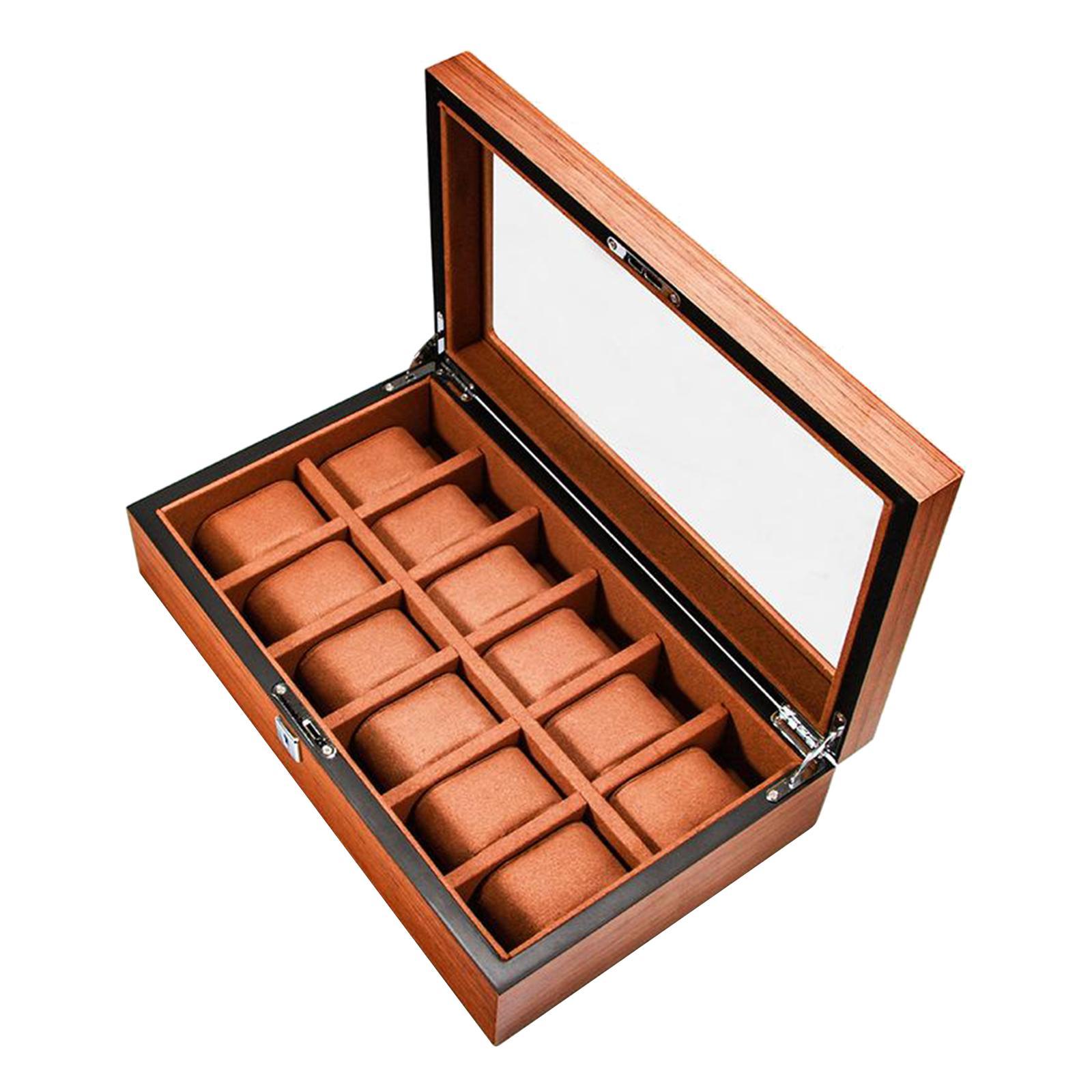 Wood Watch Display Case w/Clear Glass Top Jewelry Storage Organizer 12 Slots