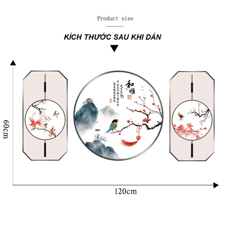 Hình ảnh Decal Dán Tường Tranh Thủy Mặc Sông Núi, Hoa, Chim Trang Trí Nhà Cửa Sang Trọng