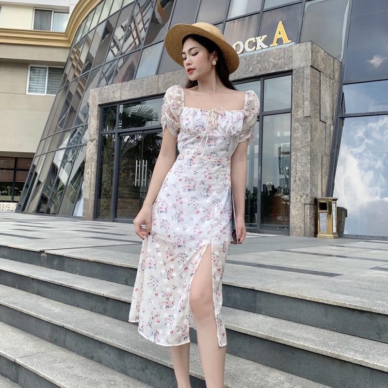 Đầm lụa hoa nhí thắt nơ ngực, xẻ tà, dáng xoè - AUDREY STUDIO