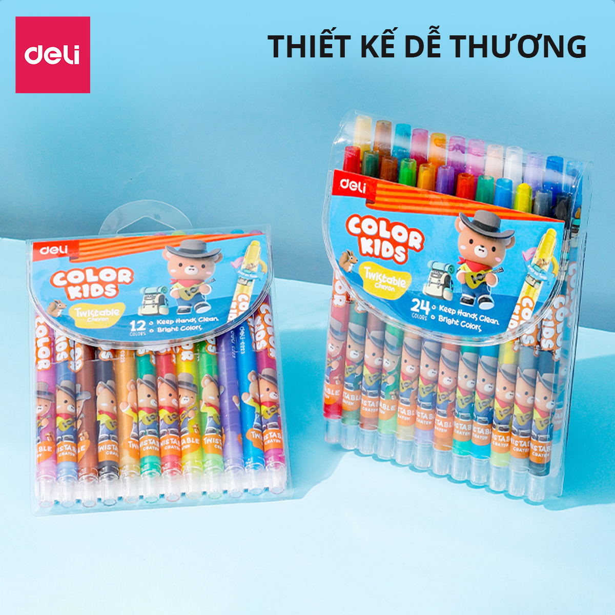 Bút Sáp Vặn Gấu Con Deli - 12/24 Màu Sáp Tươi Sáng Lên Màu Chuẩn An Toàn Cho Trẻ Nhỏ Học Sinh Tô Vẽ Tranh