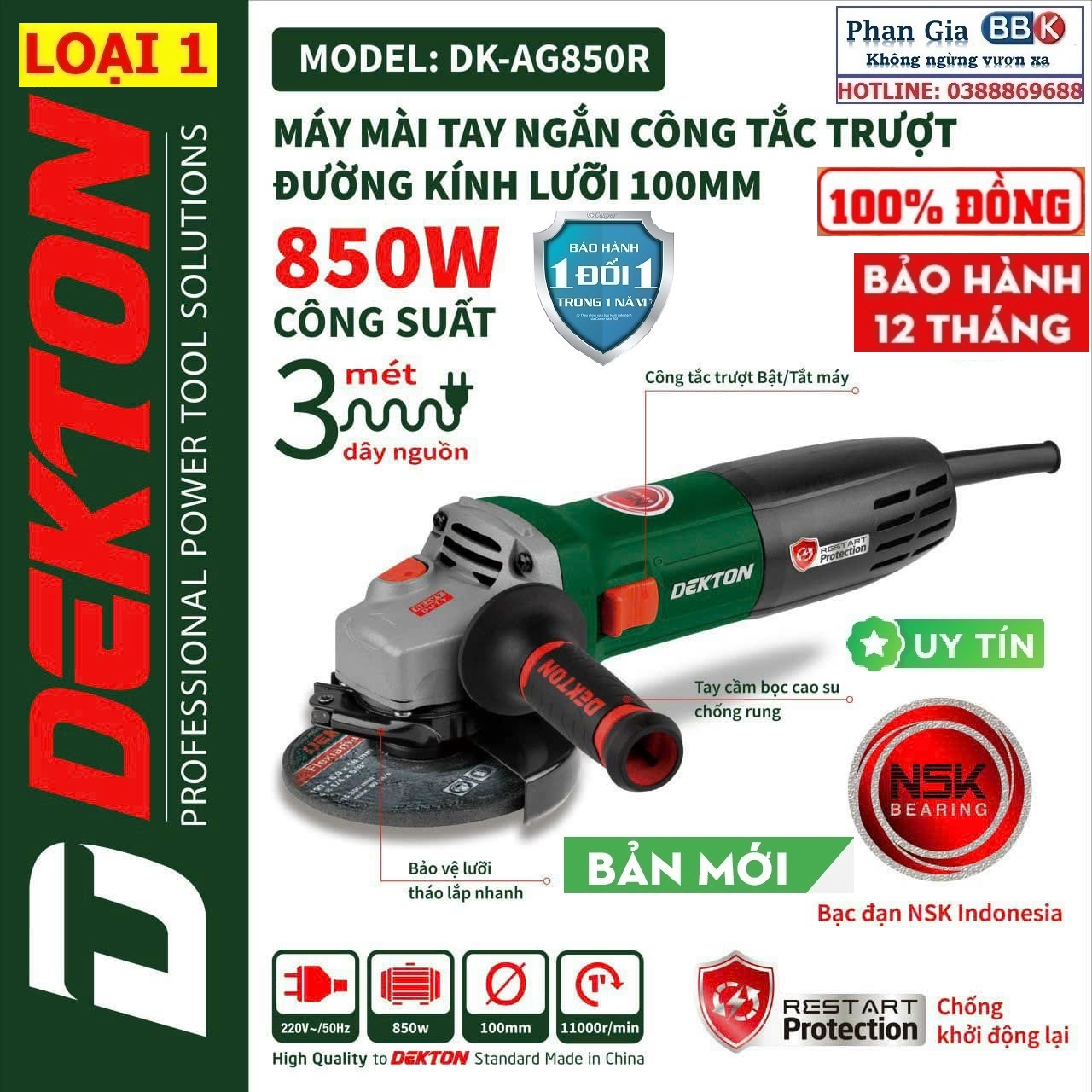Máy Mài Góc Dekton DK-AG850R chống tự khởi động lại