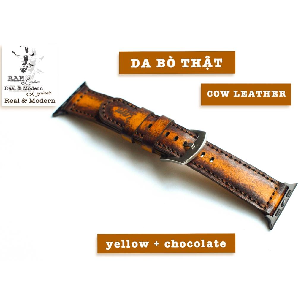 Dây đồng hồ RAM Leather da bò thảo mộc vegtan Ý bền chắc - Ram classic 1970 socola nền vàng