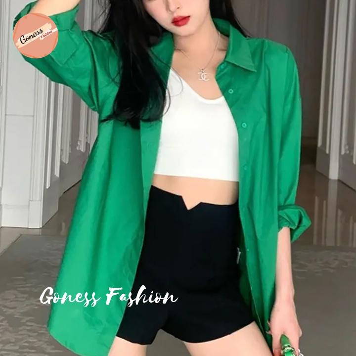 Áo sơ mi nữ Goness dài tay form rộng kiểu sơmi màu xanh trơn đẹp thời trang công sở đi học