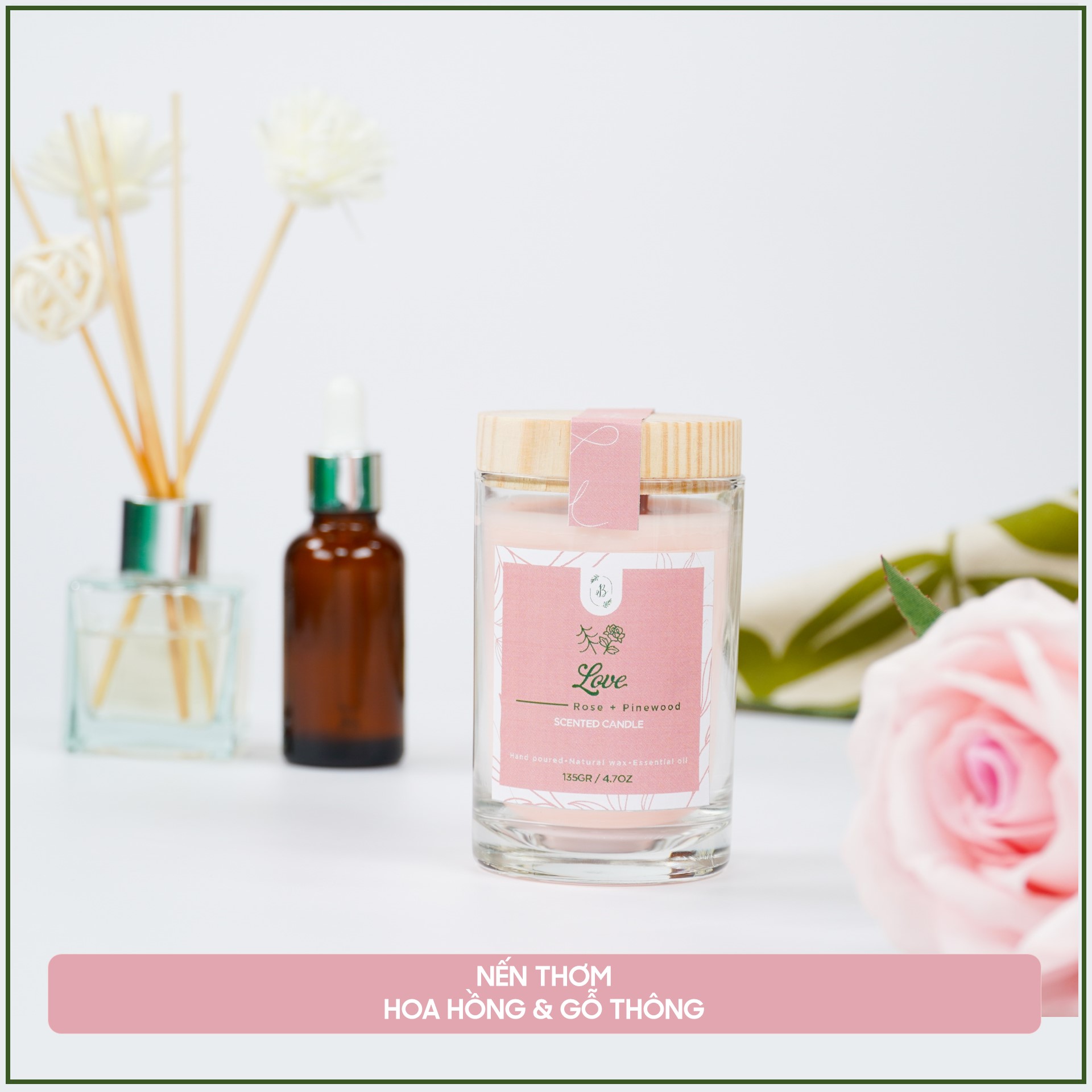 Nến thơm hương hoa hồng tinh dầu thiên nhiên cao cấp - Bấc gỗ, không khói - Sáp nành [Love Candle]