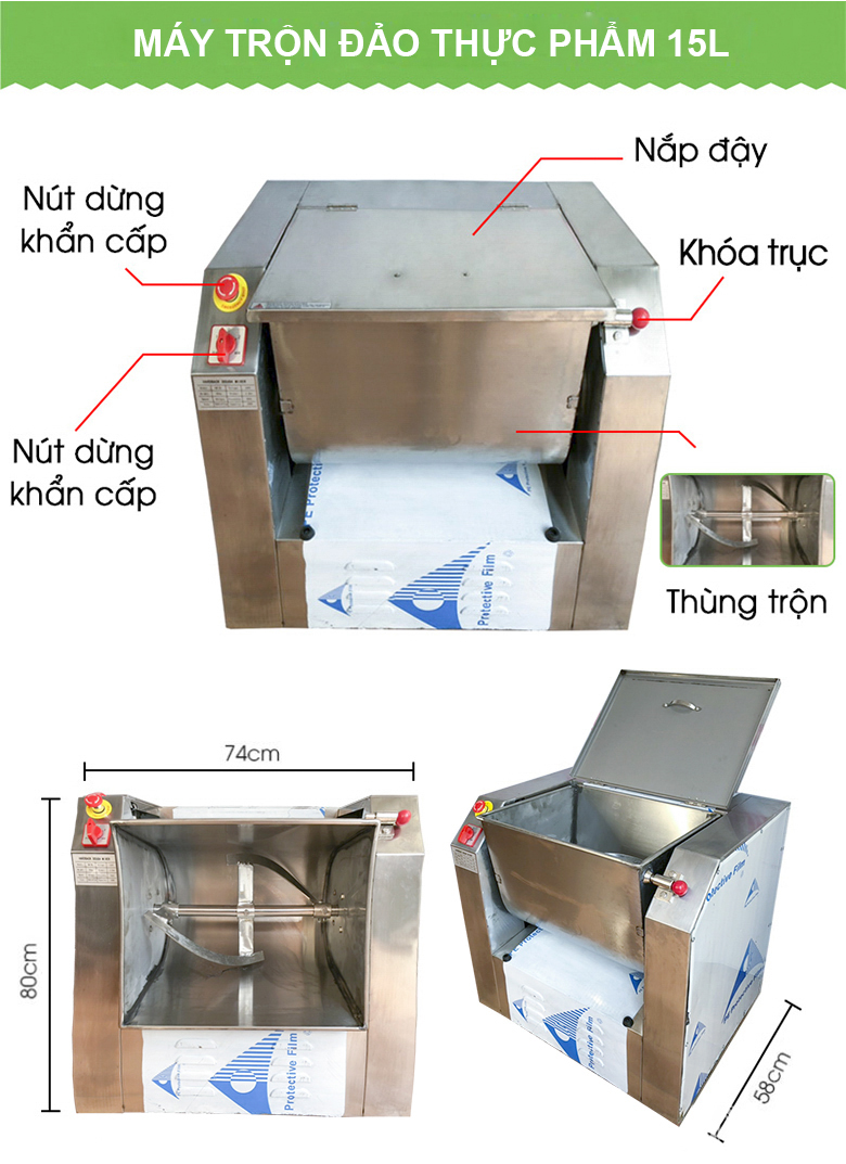 Máy trộn, đảo  bột, thịt, cá, chà bông, thực phẩm công nghiệp đa năng 15L nằm ngang - Dễ sử dụng, năng suất cao