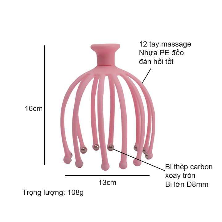Dụng cụ massage đầu với 12 tay nhựa PE có bi lớn 8mm bằng thép
