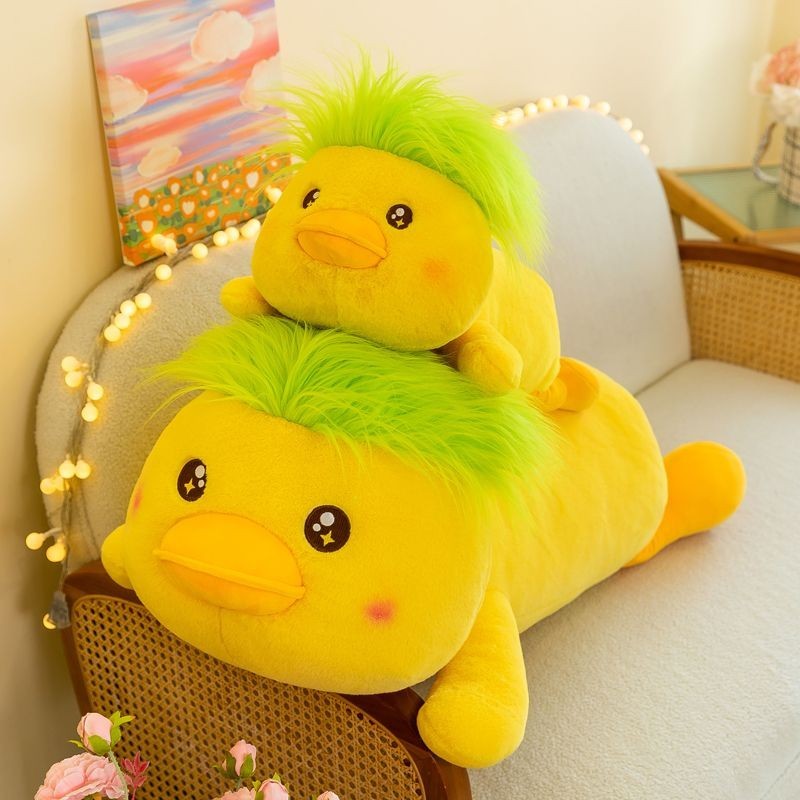 Thú nhồi bông vịt vàng có tóc xanh siêu cháy - Size từ 50cm đến 90cm - Quà tặng gấu bông con vịt vàng lông mềm mịn